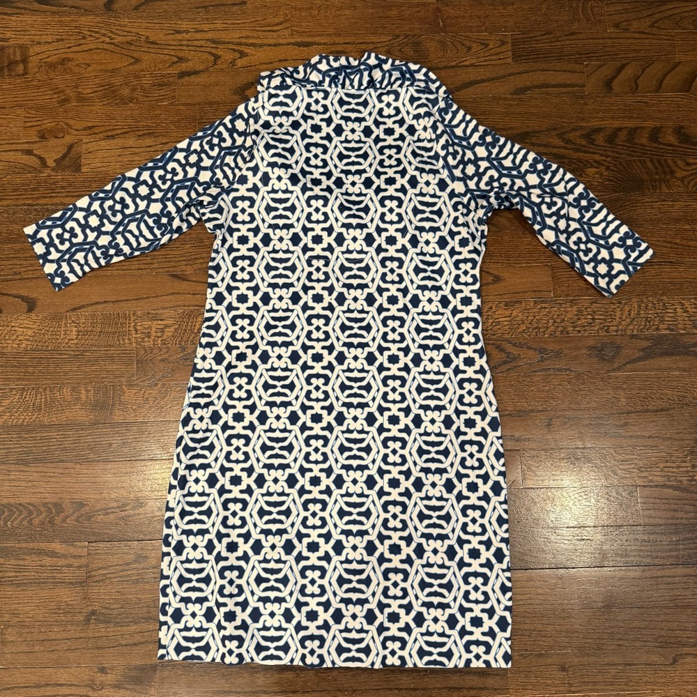 Gretchen Scott, Preppy Ruffle Neck Navy & White Geometric Shift Dress, Size S - Picture 9 of 14